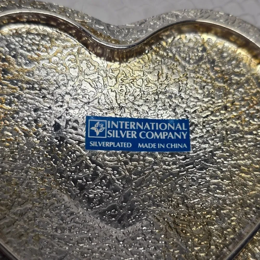 Vintage Silver Plated Butterfly Floral Lid Heart Shaped Glass Trinket Box